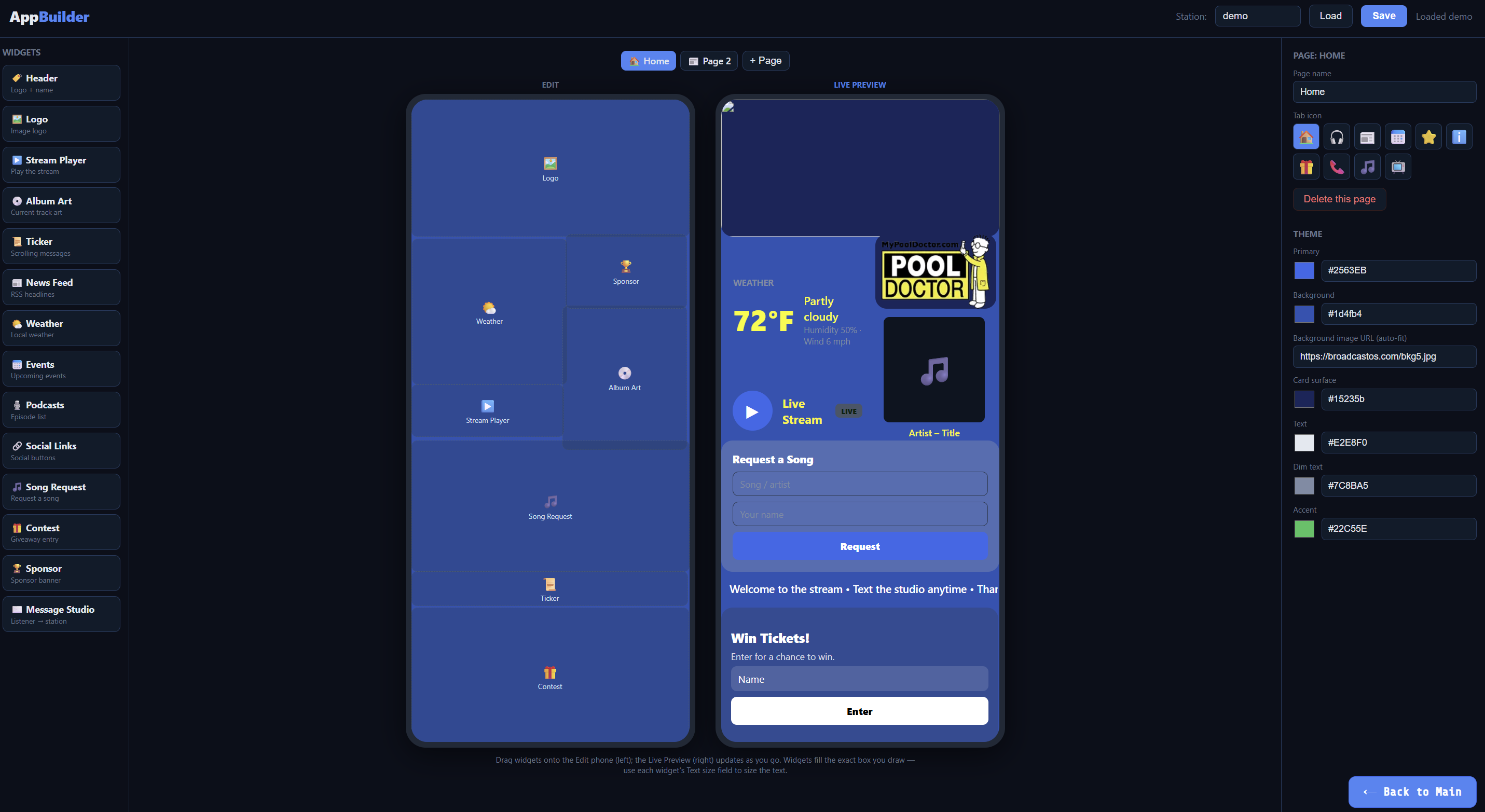 AirWaves App Builder drag-and-drop station app layout